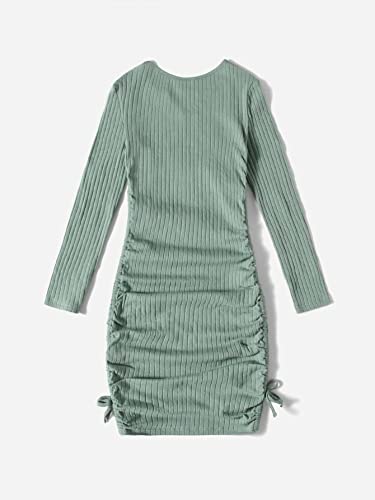 OYOANGLE Girl's Long Sleeve Ribbed Knit Drawstring Side Ruched Bodycon Short Dress2