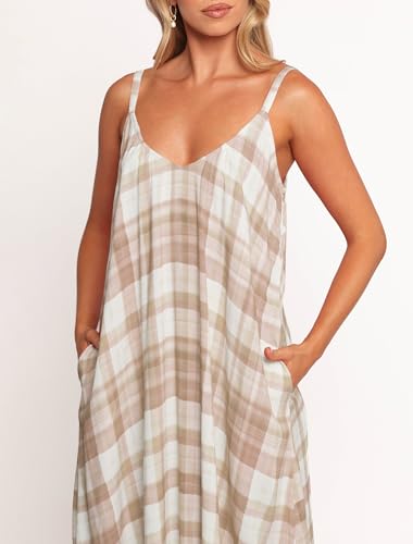 Image of LASPIA Spaghetti Strap Dresses for Women Plaid V Neck Maxi Sundress Beach Long Dress with Pockets