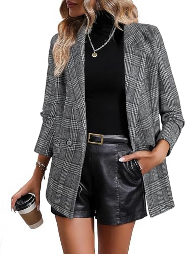 Happy Sailed Blazers for Women Long Sleeve Plaid Jackets Open