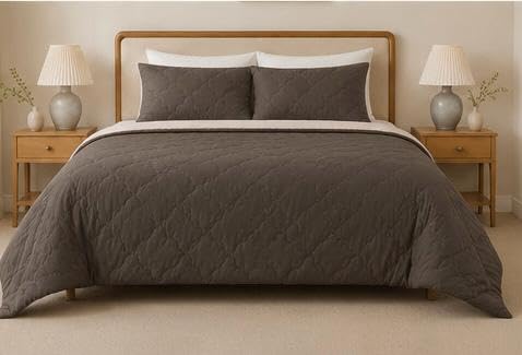 Puffy Reversible Quilted Comforter, Coffee and Beige | Diamond Quilt Pattern, Reversible Design, Bedroom Bedding, Soft Quilted Texture-image-0