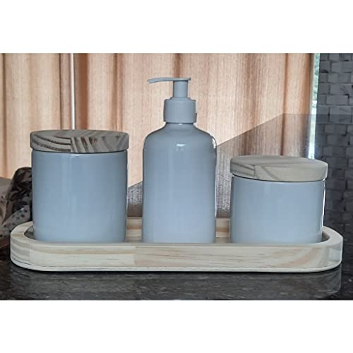 Kit higiene bebê 4 peças - Bandeja, potes e porta álcool - Peças porcelana bandeja e tampas pinus