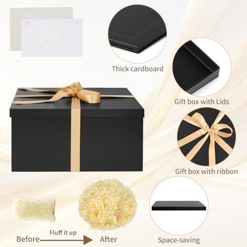 Geschenkbox Set, Schwarz Geschenkboxen mit Deckel 38 x 28 x 19 cm Groß Geschenkbox mit Schleife Geschreddertes Seidenpapier Grußkarten für Weihnachten Geburtstag Hochzeitstag
