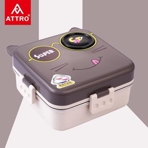 Image of ATTRO Carnival Super Cat Lunch Box 2 Layer Stainless Steel Lunch Box Comes with 1 Detachable Tray, 1 Small Container & 1 Spoon Ideal for Kids BPA Free 1120ml+70ml- Grey