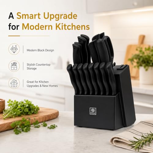 NULAS 19-Piece Kitchen Knife Set with Block and Built-In Sharpener, Black - image 9