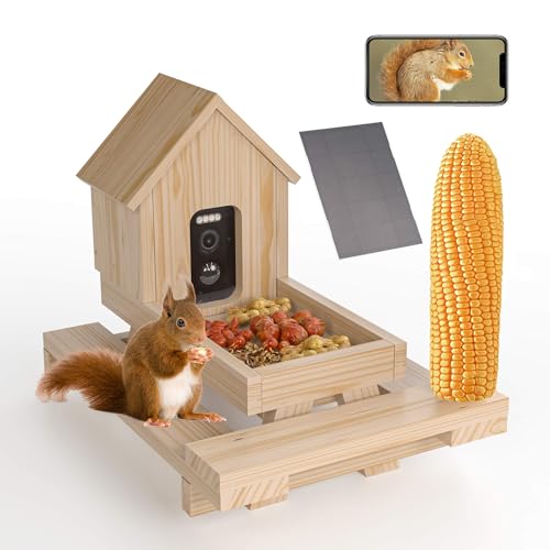 Wooden Squirrel Feeder with Camera Solar Powered Smart Squirrel Picnic Table Feeder with Corn Cob Holder Squirrel Feeders for Outside Backyard for 2.4g WiFi Coverage Area
