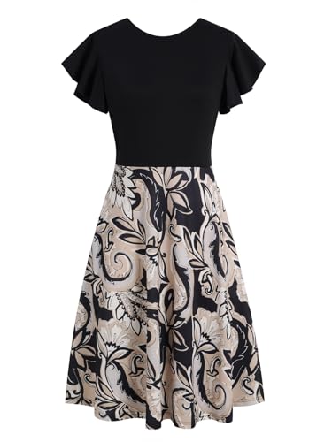 Image of MSLG Women's Fit and Flare Ruffle Short Sleeves Dresses Work V-Back Cocktail Semi Formal A Line Dress with Pockets 842