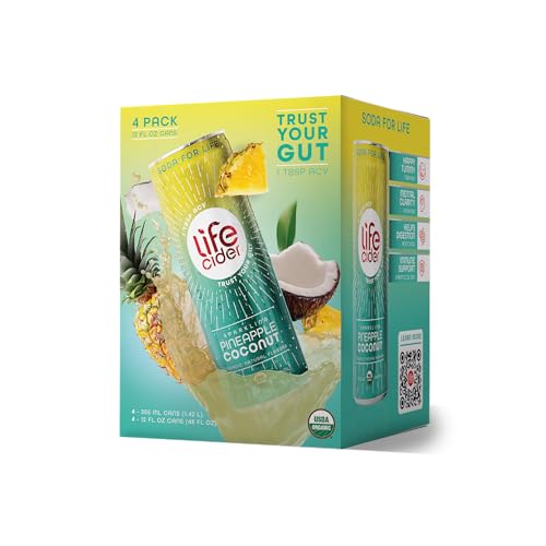 Life Cider Pineapple Coconut Apple Cider Vinegar Soda, 4 Pack, Organic Sparkling AVC Drink, Natural Flavors, Promotes Gut Health, Vitamins C, B12, Zinc, D3