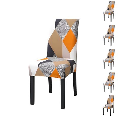 Image of Stretchable Dining Chair Cover - Washable, Removable, Anti-Slip, Protector, Universal Fit (Set of 6, Orange Prism)