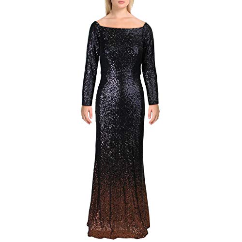Tadashi Shoji Women's Off Shldr L/S Sequin Gown, Black/Hickory Ombre, S