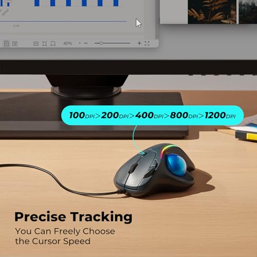 Image of Wired Trackball Mouse with RGB Lighting, Ergonomic Thumb Control to Reduce Muscle Strain, 5 Adjustable DPI, Dual USB-C & USB-A Connectivity, Compatible with PC, Laptop, Mac, Windows-Blue