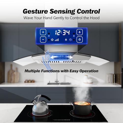 Image of Tieasy Island Range Hood 36 inch 700 CFM Ceiling Mount Kitchen Stove Hood Ducted with Tempered Glass 4 LED Lights Touch Control 3 Speed Fan Permanent Filters