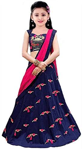 Leons Fab Girl's Faux Silk Semi stitched Lehenga Choli (K_B.Perrot.009_Blue_Free Size)