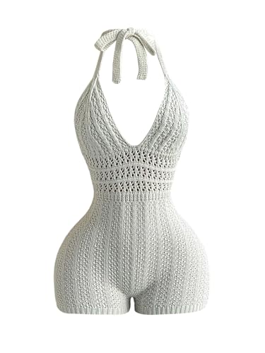 WDIRARA Womens Boho Hollow Out Tie Backless Halter Jumpsuits Deep V Neck Knit One Piece Romper White Large