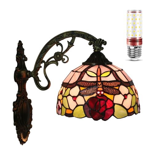 Uziqueif Aplique Pared Interior, 8 pulgadas Luz de Pared de Interior, E27 Lámpara de Pared Interior Estilo Tiffany para Dormitorio Escalera Pasillo Lectura Sala de estar, con Bombillas,Dragonfly k