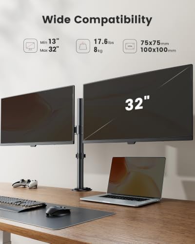 ErGear Dual Monitor Desk Mount, Fully Adjustable Dual Monitor Arm for 2 Computer Screens up to 32 inch, Heavy Duty Dual Monitor Stand for Desk, Holds up to 17.6 lbs per Arm, EGCM1 - 2