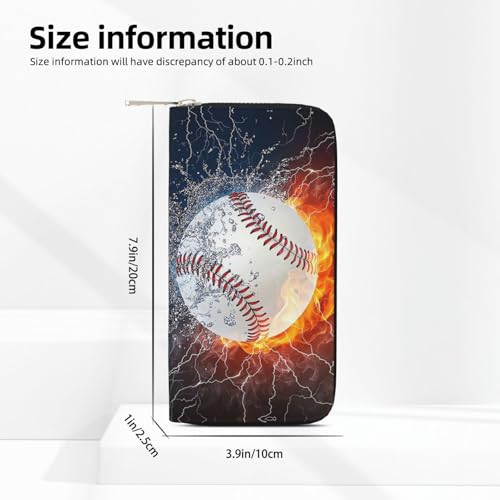 Wallet for Men PU Leather Credit Card Wallet, Cool Cash Clutch Long Purse Billfold with Zipper Coin Pocket Gift for Him Husband and Boyfriend Water Fire Baseball 0184