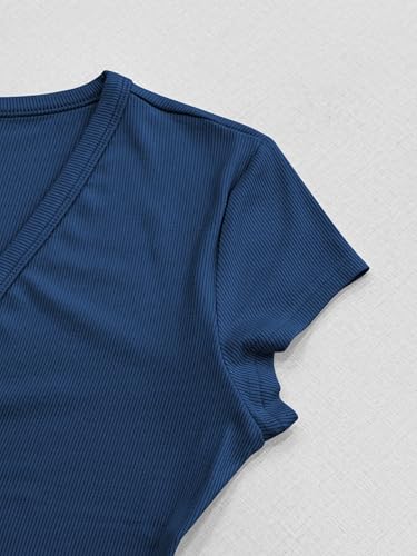 Image of Albe Rita Women Short Sleeve T-Shirt Cap V Neck Shirts for Women Ribbed Casual Top Knit Slim Fit for Summer