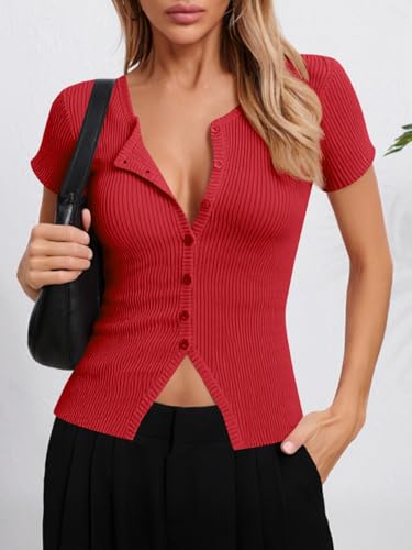 Image of Imily Bela Womens Short Sleeve Sweater Tops Summer Button Down Casual Ribbed Knit Slim Fit Cropped Cardigan Shirts