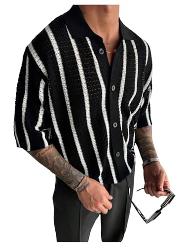 GORGLITTER Men's Striped Button Up Knitted Shirts Short Sleeve Collar Crochet Cardigan Sweaters Old Money Clothes