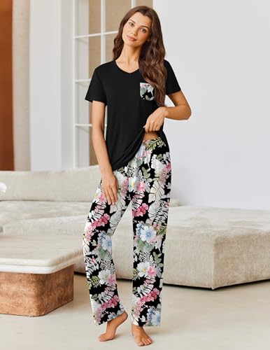 Image of Ekouaer Pajama Sets for Women 2 Piece Short Sleeve Pj V Neck Chest Pocket | Ladies Pajama Sets with Printed Long Pants, Soft Matching Pj Sleepwear, Casual Loose Fall Loungewear, S-XXL