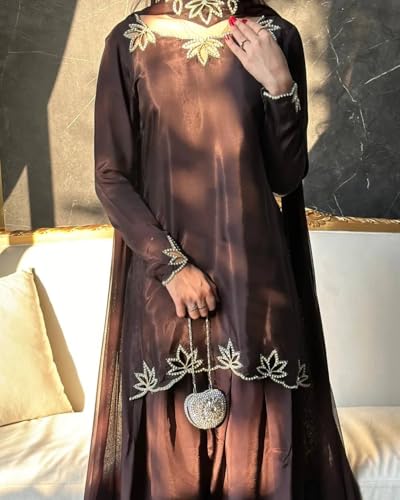 Image of Luxury Black Embroidered Women's 3-Piece Suit Set - Elegant Long Kurta with Silver Leaf Embellishment, Wide-Leg Pants & Matching Dupatta (Full Stitched)