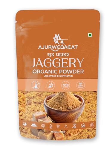 Image of AJURWEDAEAT Organic Jaggery Powder | Natural Sweetener Traditional Indian Gud | Chemical Free Unrefined Sugar Alternative for Tea Coffee Sweets Cooking Baking Healthy Daily Use (460 GM)