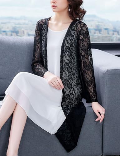 FindThy Women’s Casual Long Duster Cardigan 3/4 Sleeve Open Front Embroidered Lace Kimono Cover Up4
