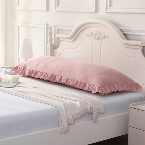 Silnuo Dusty Pink Ruffled Body Pillow Cover Washed Cotton Farmhouse Pillowcase Bed Pillow Sham 20"X54"(1 Piece Body Pillowcase,Dusty Pink) thumb #2