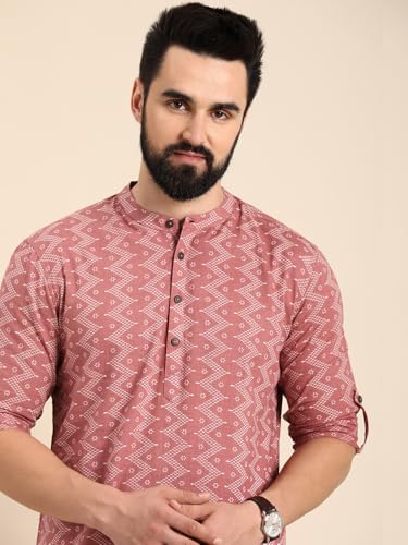 Image of Zombom Men's Cotton Polyester Blend Solid Regular Fit Full Sleeve Printed Short Kurta | Ethnic, Lightweight Summer Kurta for Daily & Occasion Use | Men's Trendy Short Kurta