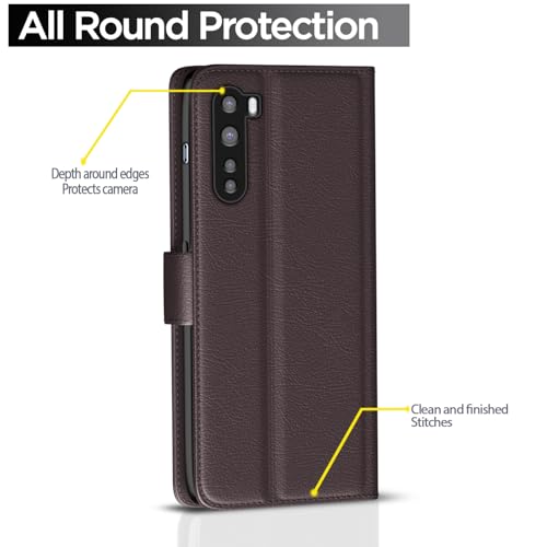 Image of Pikkme Flip Cover Leather Finish | Inside TPU with Card Pockets | Wallet Stand and Shock Proof | Complete Protection Button Flip Case for Oneplus Nord (2020) (Coffee)