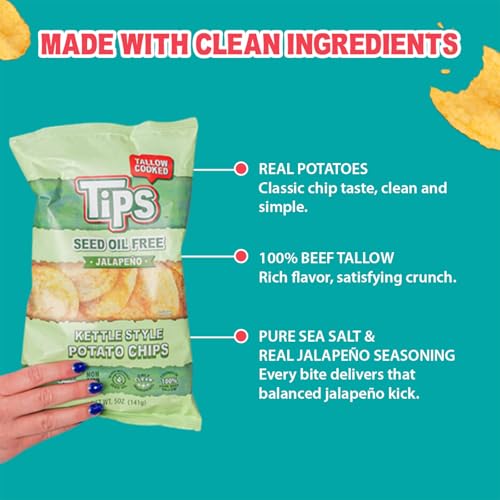 Image of TIPS Potato Chips - Snack Pack - Tallow Cooked - Seed Oil Free & Gluten Free - Kettle Style Potato Chips Made with Potatoes, Beef Tallow, and Sea Salt (5oz 4 Pack, Jalapeno)