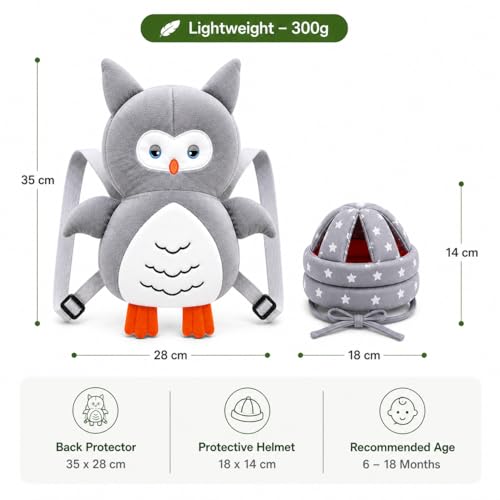 Image of GLUN Baby Back Protector with Head Protective Hat Combo Set, Cute Owl Shape Soft Cushioning, Adjustable Shoulder Belt, Head Protection Gear for 6-18 Month Toddler Kids