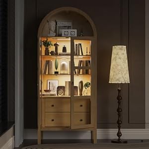 Roomtec modern arched cabinet with glass doors72 tall auto sensor light farmhouse arch storage cabinet with height adjustable shelf and 2 drawers display bookshelf in original oak wood grain  urban country home decor