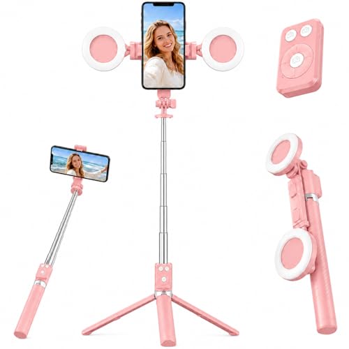 Selfie Stick Tripod with Light and Bluetooth Remote, 67' Extendable Mini Tripod Stand for iPhone Samsung Android, 6 in 1 Wireless Selfie Stick for TikTok YouTube Live Streaming(Pink)