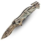 Pro Iron Assisted Opening Serrated Edge Outdoor Survival Camping Hunting Knife Stainless Steel Protective Black Oxide Coating Built-in Seat Belt Cutter and Carry Pocket Clip