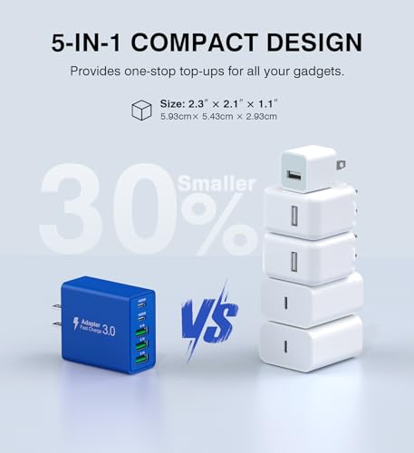 Image of USB C Wall Charger, 50W USB C Charger Block 2-Pack 5-Port PD Fast Charging Blocks,Multiport 2USB C+3USB A Plug,Type C Power Adapter Brick Cube for iPhone 17 /16 /15 /14 /13,Samsung,for Switch(Dark Blue)
