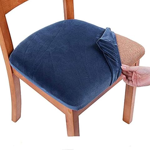 smiry Stretch Chair Seat Covers for Dining Room, Velvet Dining Chair Seat Protectors Chair Slipcovers, Set of 4, Navy Blue Cover