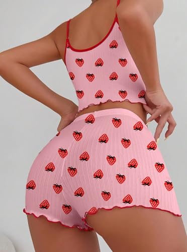 Image of Hilinker Womens Graphic Print Ribbed PJ Set Crop Cami Tops and Shorts Cute Pajamas Set