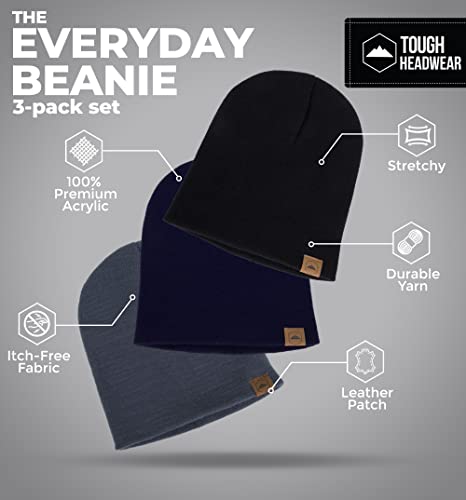 Tough Headwear Daily Knit Beanie Hat - Warmth Beanie for Women - Stretch Fit Mens Winter Hat - Durable Acrylic Winter Caps - Black + Dark Gray + Navy Blue