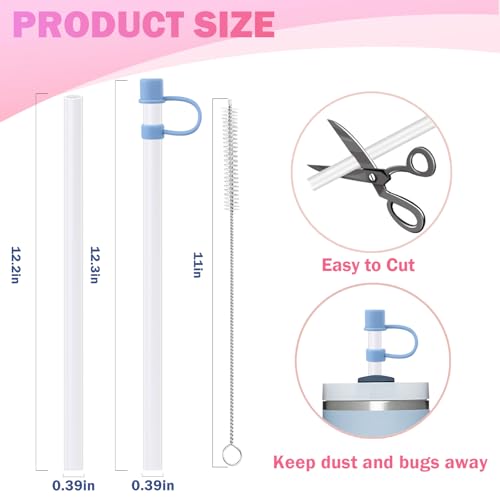 Image of LUCKINEE 6pcs Replacement Straws for Stanley Quencher H2.0 30oz 40oz | 12.2 Inch Long Reusable Plastic Straws, with 6Pcs Straw Covers Toppers, 2Pcs Cleaning Brushes, BPA Free and Cuttable Straws