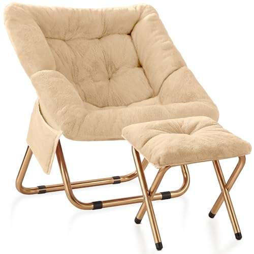 Kasunpul Comfy Saucer Chair, Foldable Living Room Chairs, Soft Faux Fur Lounge Chair for Bedroom, Reading Chairs for Adults, Teens, X-Large (Beige)