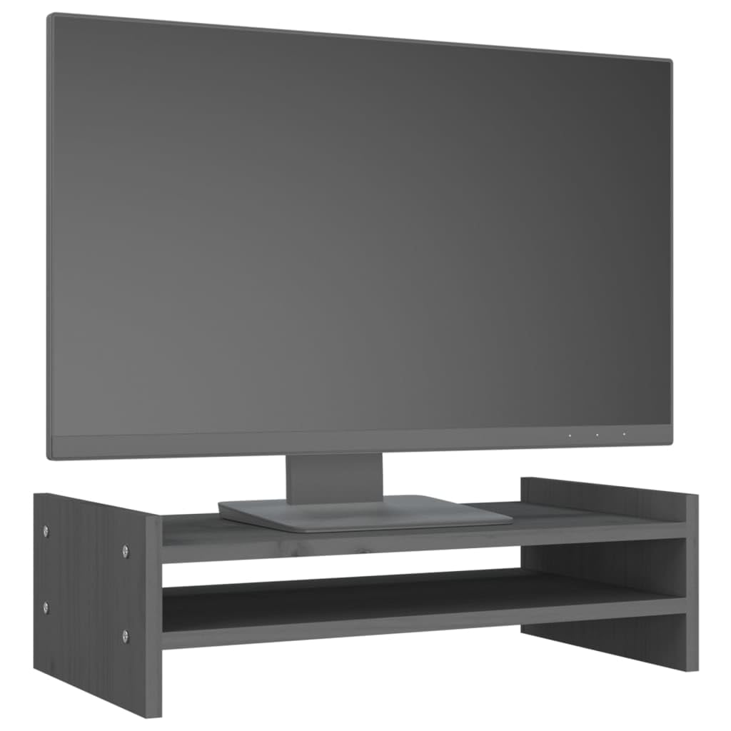Supporto per monitor in legno di pino massiccio grigio, 50 x 27 x 15 cm, supporto da scrivania con ripiano, supporto per monitor, laptop e stampante, ergonomico per ufficio e home office