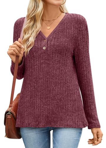TAOHUADAO Damen Pullover Herbst V-Ausschnitt Sweatshirt Winter Strickpullover M, Weinrot