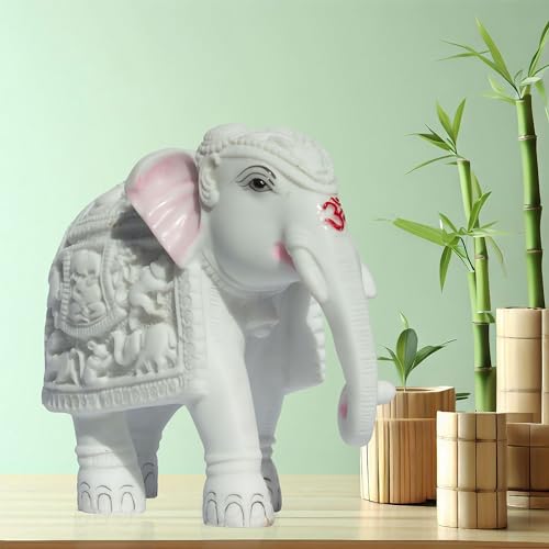 White Elephant Statue Trunk Down Hathi Figurine Big Size 7 inch Elephant Marble Resin Decorative Showpiece for Vastu, Study Room, Work Table, Gifting (7 x 8 inch)