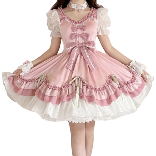 Cuteighteen Vestido Lolita de verano para adolescentes, cóctel, fiesta, graduación, kawaii, manga corta abombada, volantes, vestidos para jóvenes, Rosado, M