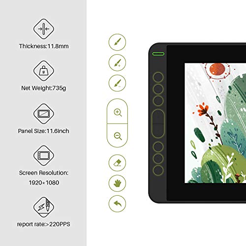 Image of HUION Kamvas 12 Pen Display Drawing Graphics Tablet Battery-Free Stylus Tilt Function 8192 Pen Pressure 11.6 inch 120% sRGB with Adjustable Stand - Black