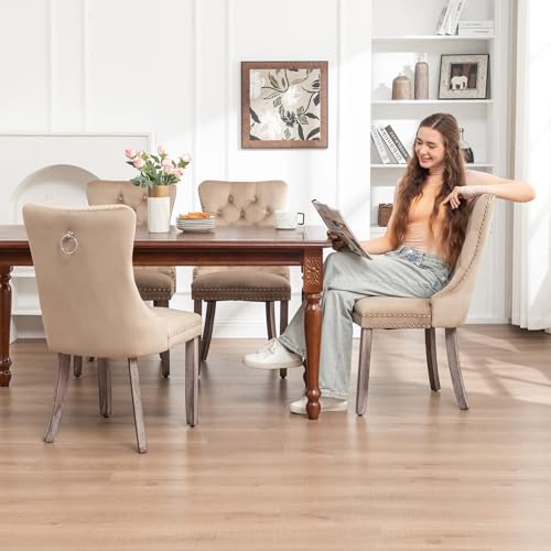 Image of Velvet Dining Chairs, Tufted Kitchen & Dining Room Chairs, Khaki, Set of 4