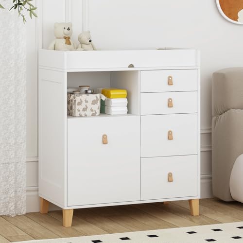 Image of Timechee Baby Changing Table Dresser, 33.5" Baby Nursery Dresser with Drawers & Shelf, Wooden Storage Cabinet Chest w/Changing Station for Infant Kids Bedroom, White