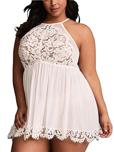 FlatterMe Plus Size Lingerie Babydoll Lace Floral Halter Sleepwear Set High Neck Chemise (White015, XL)