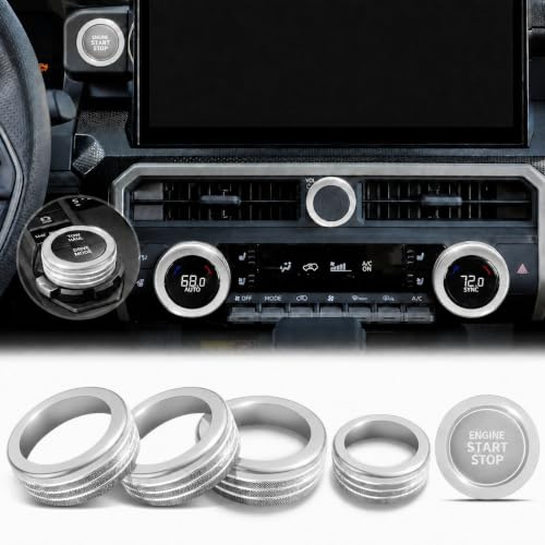 Image of for Toyota Tacoma 2024-2026 & 4Runner 2025-2026, 14-Inch Screen Aluminum Alloy Knob Cover Trim - Fits Push Start, AC, Volume & 4WD Gear Switch (Silver, 6-Piece Set)